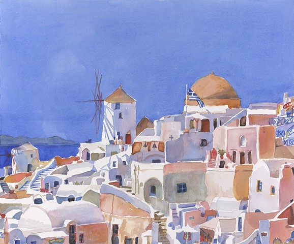 watercolor painting by Edie Fagan of Santorini Greece Greek flag