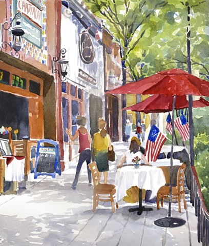 Watercolor painting of downtown Greenville South Carolina main street people cafe umbrellas American Flags, streetscape