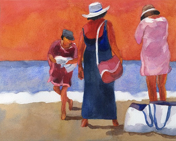 watercolor painting by Edie Fagan women beach hawaii honolulu Waikiki ocean red white blue orange