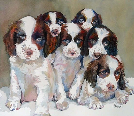 watercolor painting of English springer spaniel puppies litter of puppies