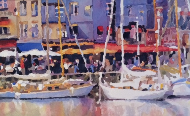 Watercolor painting by Edie Fagan of Honfleur, France, boats, harbor, sailboats
