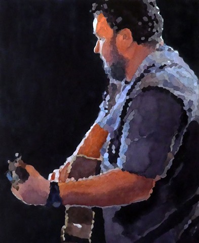Watercolor painting of man playing guitar by Edie Fagan