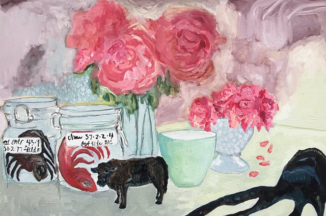 Still Life with Peonies, Roses, Cow, Spider, Fish and Squid