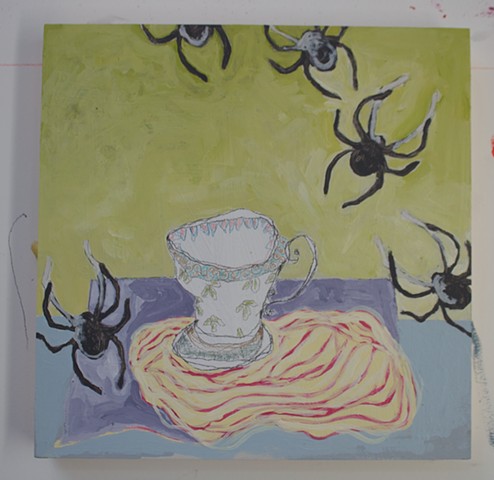 Tea with Spiders, mixed media on cradle board, 12x12'', 2018