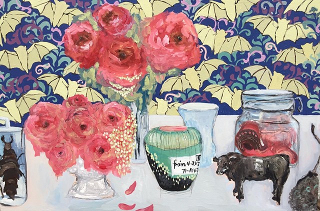 Still Life with Roses, Peonies and Bat Wallpaper