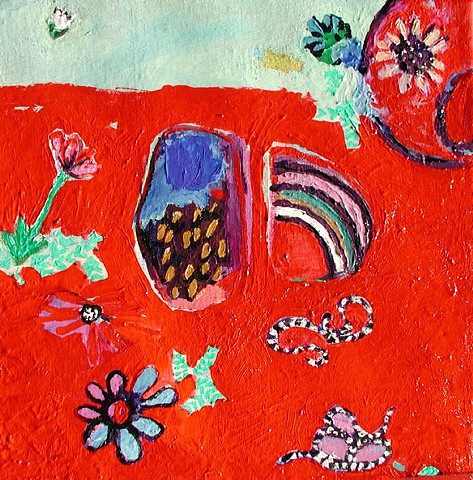 red, bright, snakes, garden, flowers, rocks, painted, paint, painting, original, ooak, unique, Rina Miriam Drescher, art, artwork