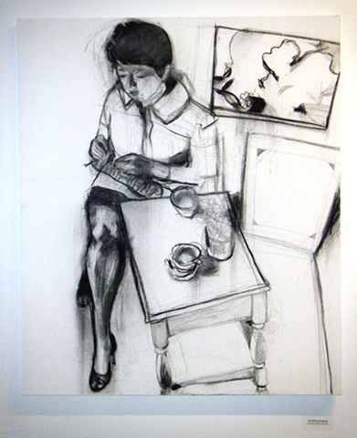 charcoal, canvas, drawing, original, ooak, Rochester, art, artist, woman, young, leg, knitting, figure, girl