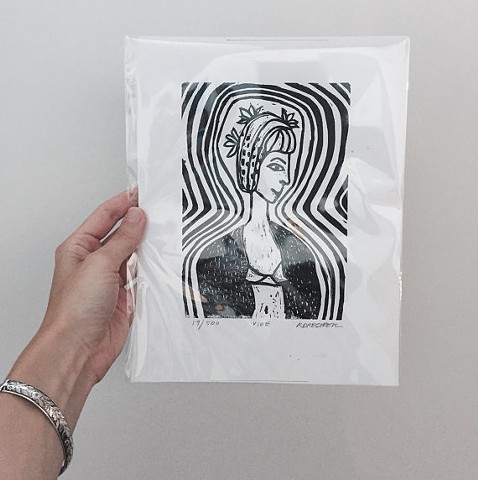Black and White Linoleum Block Limited Edition Original Print Vibe Linocut Of A Woman by Rochester New York Artist Rina Miriam Drescher
