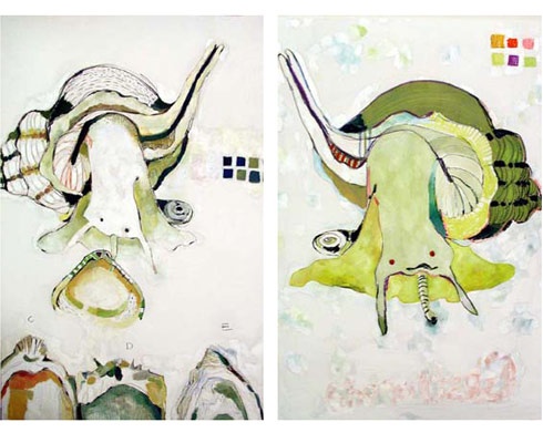 two large mostly white contemporary paintings of snails