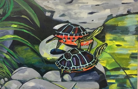 painting of two turtles together by Rochester NY artist Rina Miriam Drescher nature painting art