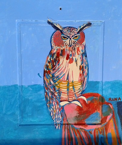 original acrylic painting of an owl on a tree stump