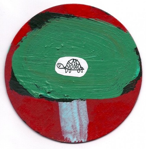 turtle, tree, round, art, circle, painting, small, original, fine art, green, red, cardboard, aceo