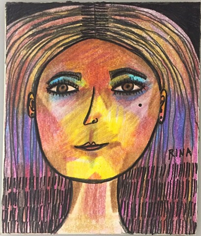 ink drawing, colored pencil drawing, small affordable art, drawings of women