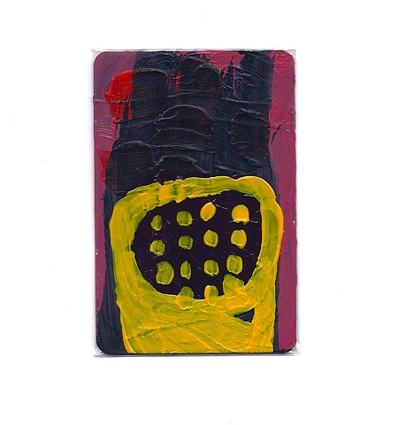 artist trading card, it is bright yellow and dark purple, painting, acrylic paintings, tiny art, yellow, purple, abstract art
