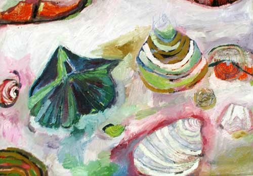 this is a contemporary fine art original oil painting of seashells and fossils in multiple colors