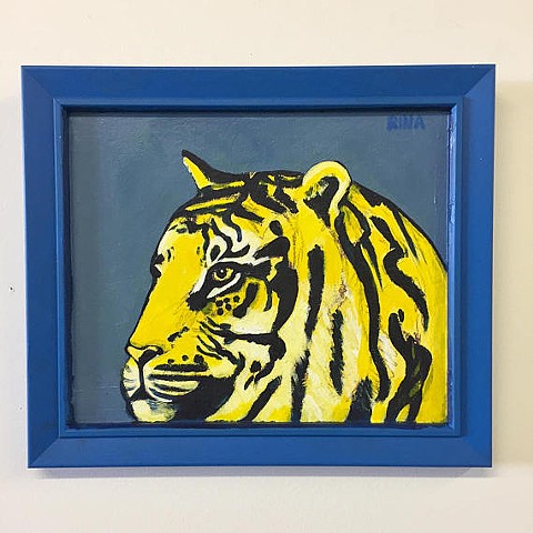 Original acrylic painting of a blue and yellow tiger by Rochester New York artist Rina Miriam Drescher
