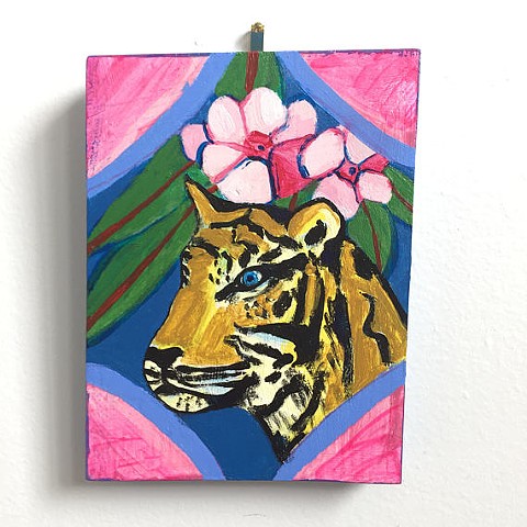 small pink blue orange painting of a pretty tiger with pink flowers acrylic on wood illustration