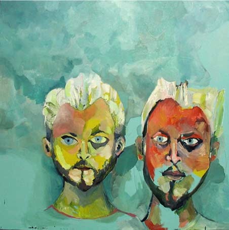 this is a contemporary fine art oil painting of two men, mostly their heads, in turquoise, red and yellow