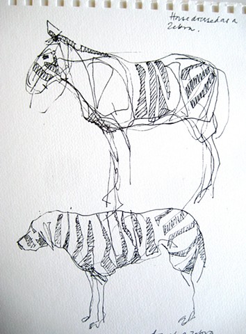 horse and dog with zebra camouflage