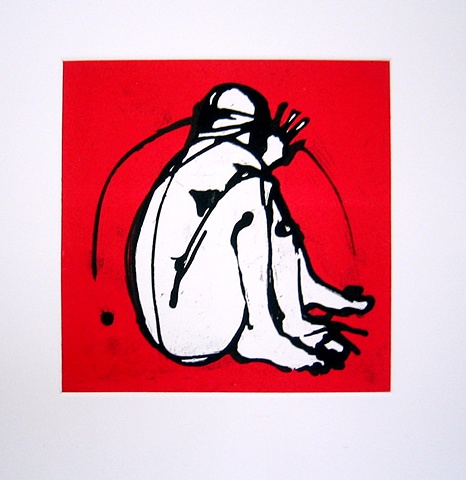 Kitty Blandy crouched figure with red background