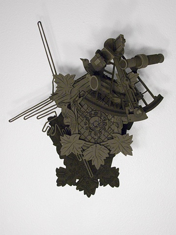 "In the Potteries"; cuckoo clock, sextant, Nazca line, constellation of Orion, and black on black paisley shadow 