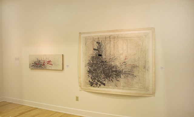 Installation view of works in the exhibition Art Forms at the Hartford Constitution Plaza gallery. The two works are Hyper-Retaliation& (left) and Lucky Fiction(right).