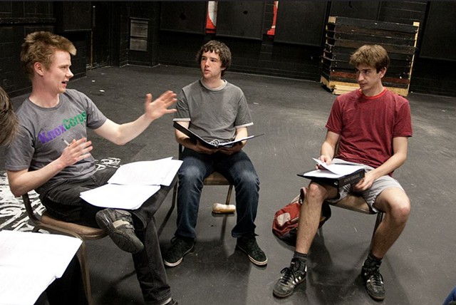 Director Isaac Miller with actors Michael Snow-Cobb and Mitch Wise, in rehearsal for the April 12 and 13, 2013 readings at Knox College. Photo by Peter Bailey.
