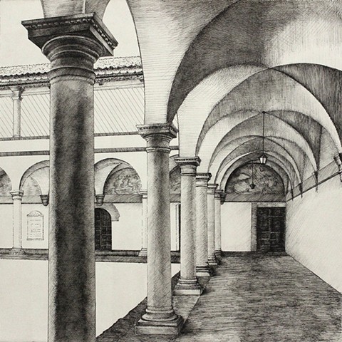 Cloister pen and ink works on paper Paul Flippen Saint Francis