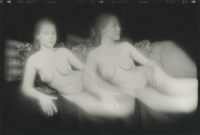 Double exposure nude photograph of Lyss.  Holga camera, traditional darkroom print.