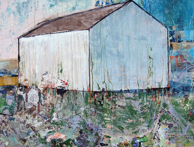 Bright Contemporary abstract landscape barn, white, blue, green,  minimlistic, abstract art