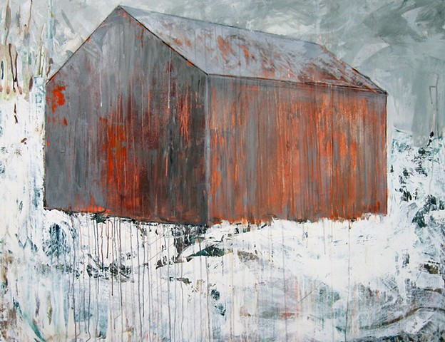 winter landscape barn orange glow fire contemporary art minimalism