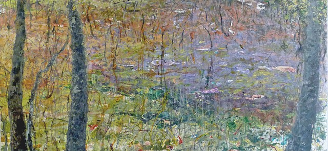 Large horizontal landscape paintig, meditation, contemplative spiritual purple field trees greens yellow monet impressionistic spiritual beautiful contemplative meditative