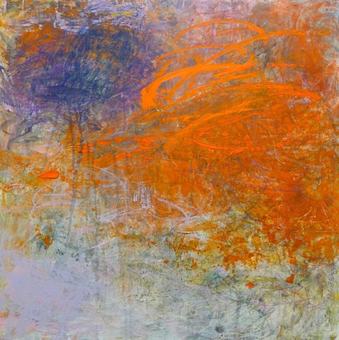 Gestural abstraction, bright and vivid colors, orange, purple, lilac, drips