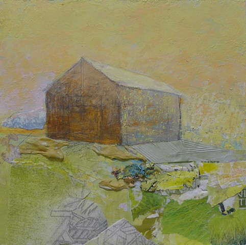 contemporary barn, landscape, bright, light, yellow, green, collage, modern