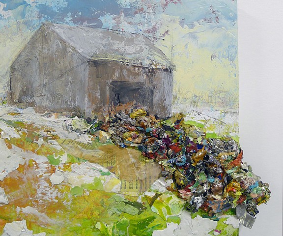 Barn contemporary landscape, snow, spring, textural, texture, collage, modern painting
