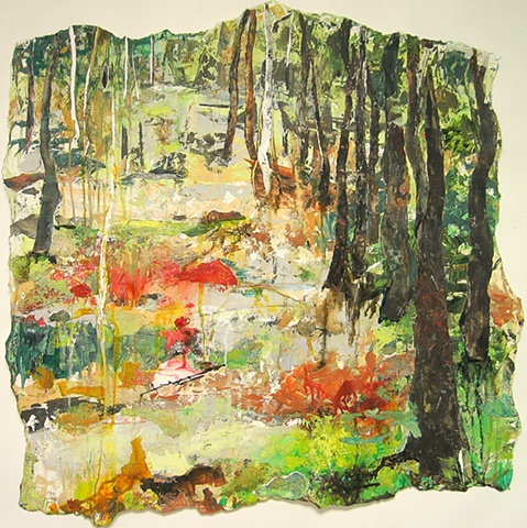 square painting landscape spring geens red yellow forest woods mid coast maine botanical garden