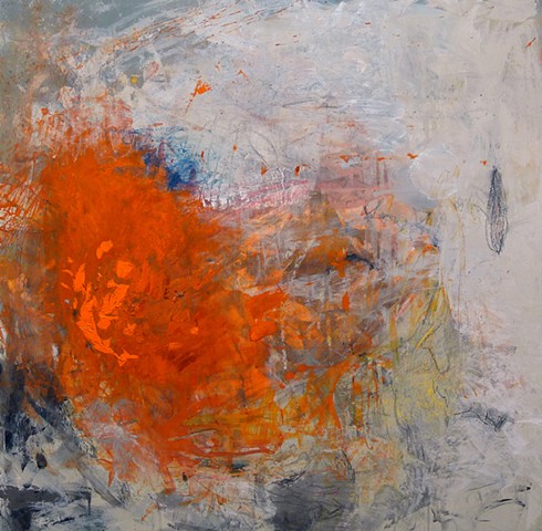 gestural abstraction, bright and vivid colors, orange, red, Blush, blue, gray,