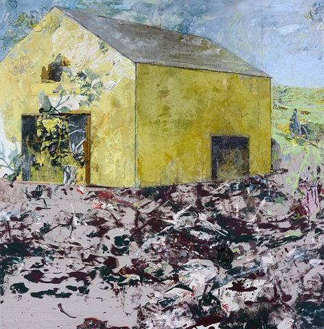 Yellow, Lilac, purple, deep green, blue Contemporary landscape, barn, mixed media, abstract