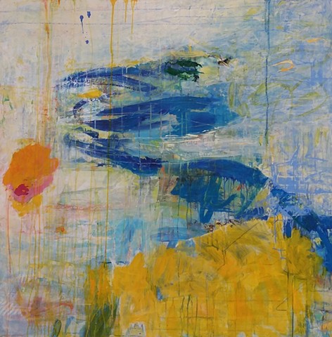 abstract landscape, abstract seascape, summer, yellow and blue, orange sun, colorful palette