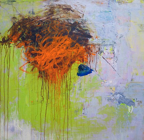 Gestural abstraction, bright and vivid colors, orange, lime green, blue, lilac, drips, paint skins
