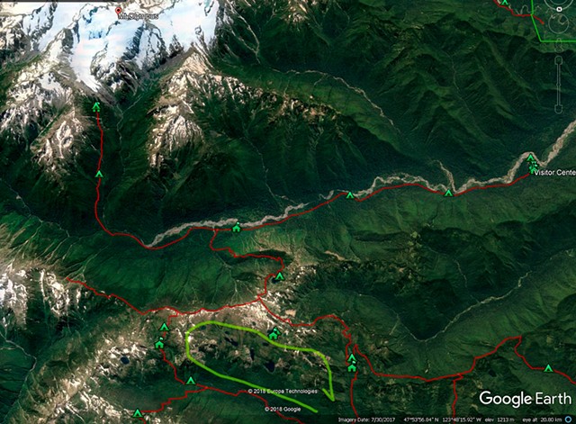 Google Earth View of Hiking Area showing Mt Olympus and the Hoh River Valley