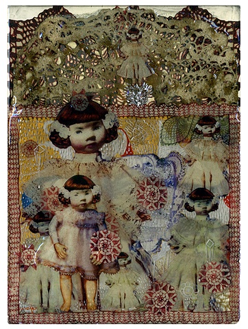 Crochet of reminiscences-I / 2008 /Digital printed images,collage,painting,crochet,epoxy-resin / 11 x 15 (inches)