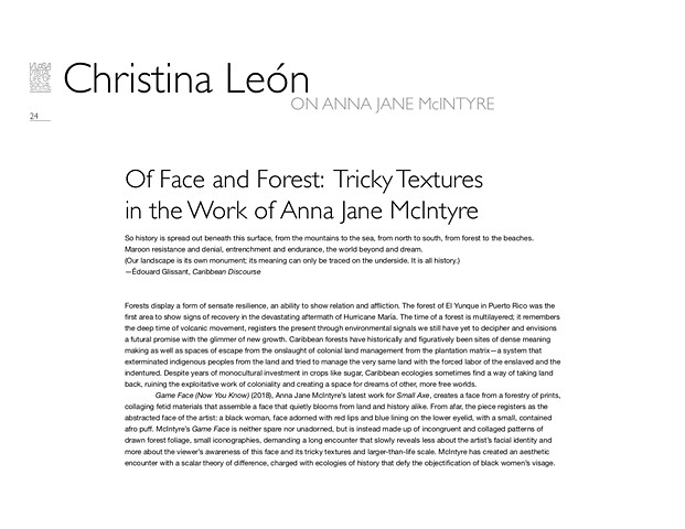 Of Face and Forest: Tricky Textures in the Work of Anna Jane McIntyre by Christina León 
VLOSA catalogue 