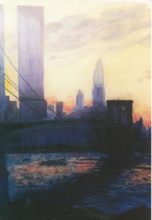 Painting of the Brooklyn Bridge and World Trade Center overlooking the east river at sunset in lower Manhattan New York City
