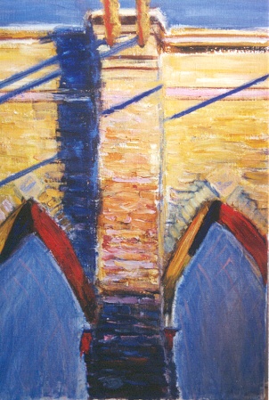 Painting of Brooklyn Bridge's Two Arches in the sunlight