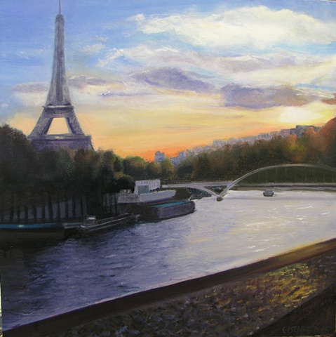 Painting of the Eiffel Tower and the Seine at sunset
