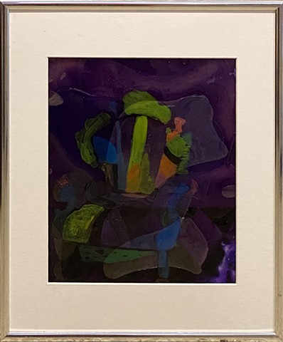 Abstract painting of a decorate chair in purple, green, and black