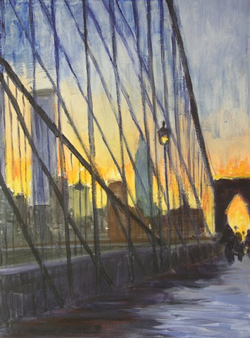 Cityscape of Brooklyn Bridge at sunset in winter with Manhattan Skyline 
