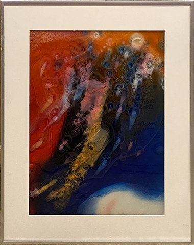 Abstract painting of a wave in orange, red, blue, white