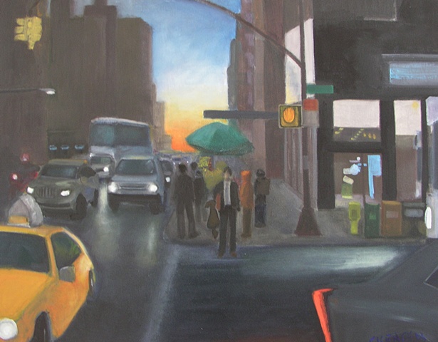 Painting Night falls on midtown Manhattan cityscape at sunset with traffic and people on city streets